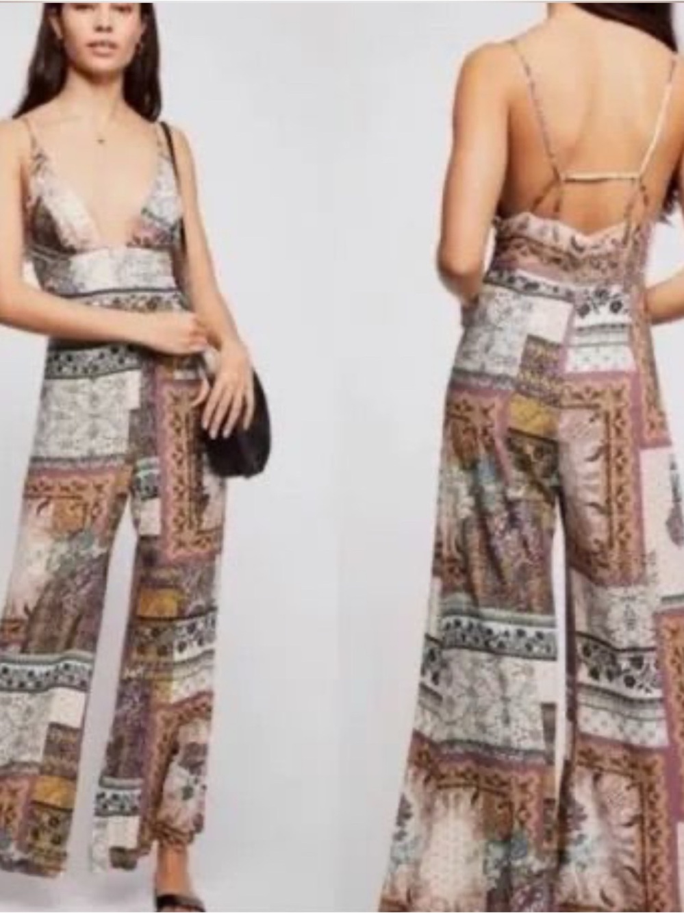Free People Patchwork Print Wide-Leg Jumpsuit in Multi Pink and Tan